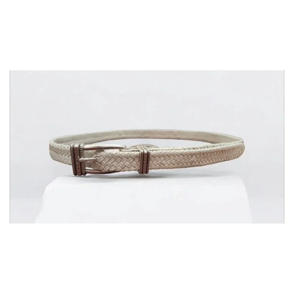 Talbots Women's White Woven Belt Size M Braided Leather Silver Buckle